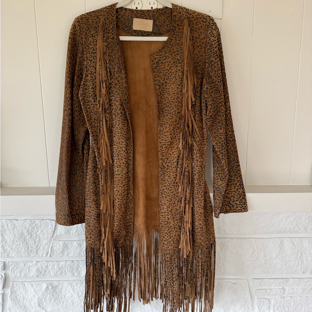 Cleobella Leopard Print Fringe Suede Jacket